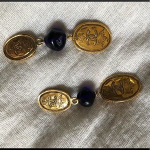 Chanel Blue Gripiox Logo Coin Earrings